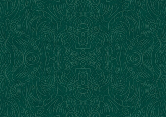 Hand-drawn unique abstract symmetrical seamless ornament. Bright semi transparent green on a deep cold green background. Paper texture. Digital artwork, A4. (pattern: p03a)
