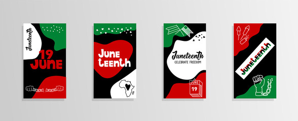 Set of Juneteenth Social media stories and post templates. Abstract shapes in red, green, black colors.