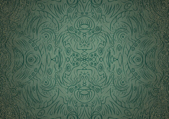 Hand-drawn unique abstract ornament. Dark green on light cold green background, with vignette of darker background color and splatters of golden glitter. Paper texture.  A4. (pattern: p03a)
