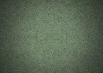 Hand-drawn unique abstract symmetrical seamless ornament. Dark semi transparent green on a light warm green with vignette of a darker background color. Paper texture. A4. (pattern: p03a)