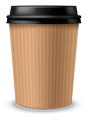 Paper coffee cup. Realistic carton container with black plastic lid. Cafe or restaurant takeaway drinks, latte, espresso or cappuccino, blank package for branding, vector 3d element