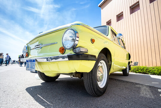 Soviet retro ZAZ-968 vehicle parked up at the city street