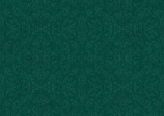 Hand-drawn unique abstract symmetrical seamless ornament. Bright semi transparent green on a deep cold green background. Paper texture. Digital artwork, A4. (pattern: p03b)