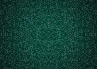 Hand-drawn unique abstract symmetrical seamless ornament. Bright green on a deep cold green with vignette of a darker background color. Paper texture. Digital artwork, A4. (pattern: p03b)