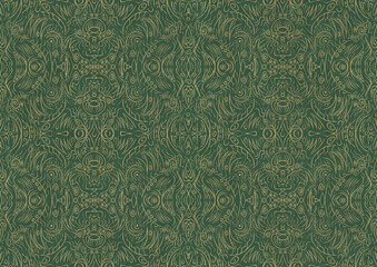 Hand-drawn unique abstract symmetrical seamless gold ornament of golden glitter on a warm green background. Paper texture. Digital artwork, A4. (pattern: p03b)