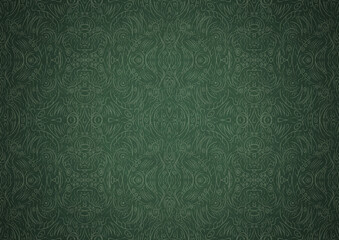 Hand-drawn unique abstract symmetrical seamless ornament. Bright green on a deep warm green with vignette of a darker background color. Paper texture. Digital artwork, A4. (pattern: p03b)