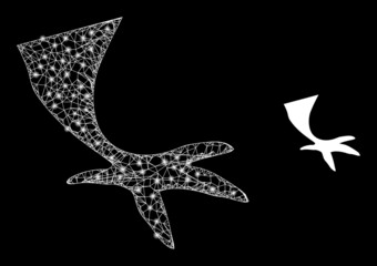 Mesh net bird foot model icon with lightspots. Illuminated vector model is created from bird foot glyph. Vector carcass mesh bird foot icon. Flat model created from bird foot icon and crossing lines.