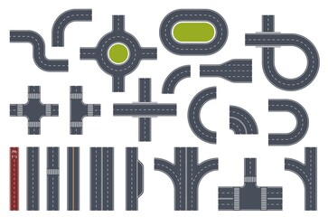 Road toolkit elements. Transport paths constructor. Various interchanges, intersections and turns segments, traffic circles and speedway, crossroads and pedestrian crossings, vector flat set