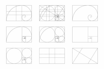 Golden ratio template set. Fibonacci sequence signs. Logarithmic spiral in rectangle frame fracted on lines, squares and circles. Ideal symmetry proportions layout. Vector graphic illustration - obrazy, fototapety, plakaty