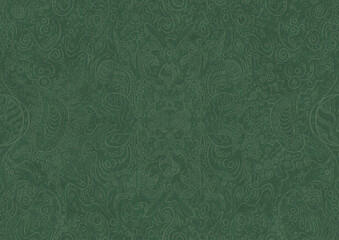 Hand-drawn unique abstract symmetrical seamless ornament. Bright semi transparent green on a deep warm green background. Paper texture. Digital artwork, A4. (pattern: p04a)