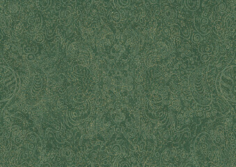 Hand-drawn unique abstract seamless ornament. Light green on a darker warm green background, with splatters of golden glitter. Paper texture. Digital artwork, A4. (pattern: p04a)