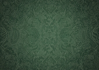 Hand-drawn unique abstract symmetrical seamless ornament. Bright green on a deep warm green with vignette of a darker background color. Paper texture. Digital artwork, A4. (pattern: p04a)
