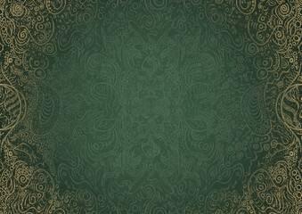 Hand-drawn unique abstract ornament. Light green on a dark warm green background, with vignette in golden glitter and splatters on darker background color. Paper texture. A4. (pattern: p04a)