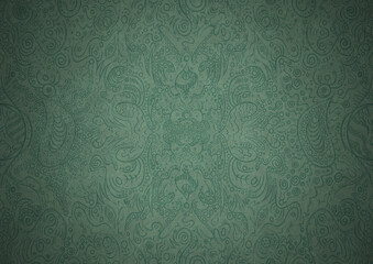 Hand-drawn unique abstract symmetrical seamless ornament. Dark semi transparent green on a light cold green with vignette of a darker background color. Paper texture. A4. (pattern: p04a)