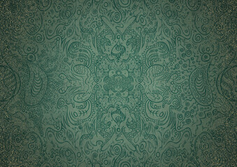 Hand-drawn unique abstract ornament. Dark green on light cold green background, with vignette of darker background color and splatters of golden glitter. Paper texture. A4. (pattern: p04a)