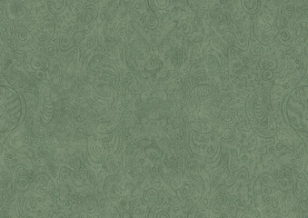 Hand-drawn unique abstract symmetrical seamless ornament. Dark semi transparent green on a light warm green background color. Paper texture. A4. (pattern: p04a)