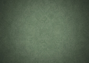 Hand-drawn unique abstract symmetrical seamless ornament. Dark semi transparent green on a light warm green with vignette of a darker background color. Paper texture. A4. (pattern: p04a)