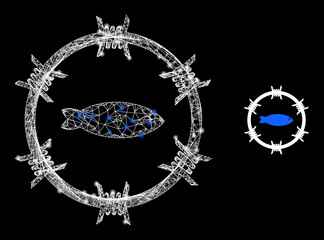 Crossing mesh fish arrest frame icon with lightspots. Illuminated vector model is created from fish arrest icon. Vector carcass mesh fish arrest icon.