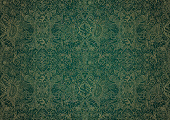 Hand-drawn unique abstract gold ornament on a dark green cold background, with vignette of darker background color. Paper texture. Digital artwork, A4. (pattern: p04b)