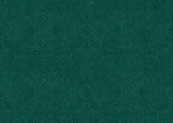 Hand-drawn unique abstract symmetrical seamless ornament. Bright semi transparent green on a deep cold green background. Paper texture. Digital artwork, A4. (pattern: p04b)