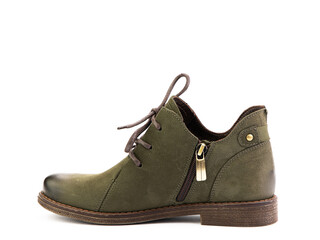 Women's autumn green leather jodhpur boots with laces and average heels, isolated white background. Left side view. Fashion shoes.