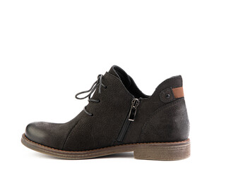Men's autumn brown leather jodhpur boots with laces and average heels, isolated white background. Left side view. Fashion shoes.