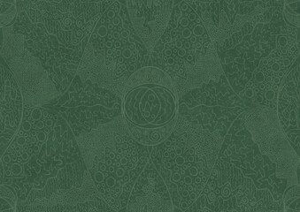 Hand-drawn unique abstract symmetrical seamless ornament. Bright semi transparent green on a deep warm green background. Paper texture. Digital artwork, A4. (pattern: p05a)