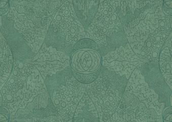 Hand-drawn unique abstract symmetrical seamless ornament. Dark semi transparent green on a light cold green background color. Paper texture. A4. (pattern: p05a)