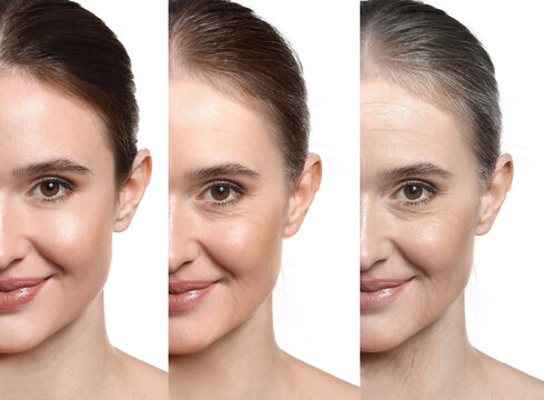 Portraits of woman at different stages of aging on white background