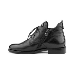 Men's autumn black leather jodhpur boots with laces and average heels, isolated white background. Left side view. Fashion shoes.