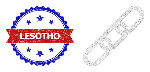 Net chain polygonal framework icon, and bicolor scratched Lesotho seal. Red stamp seal has Lesotho text inside ribbon and blue rosette. Vector frame polygonal net chain icon.