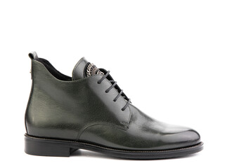 Men's autumn green leather jodhpur boots with laces and average heels, isolated white background. Right side view. Fashion shoes.