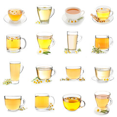 Set of healthy chamomile tea isolated on white