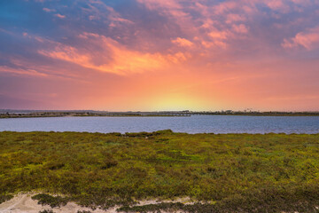 Fototapeta na wymiar vast miles of lush green marsh surrounded by deep blue ocean water with powerful clouds at sunset at Bolsa Chica Ecological Reserve in Huntington Beach California USA