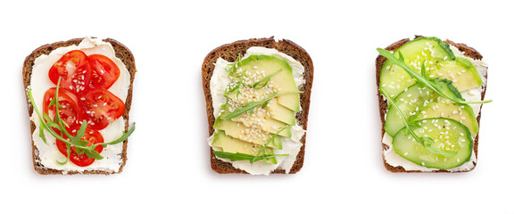 toasts with different fillings on a white background - obrazy, fototapety, plakaty