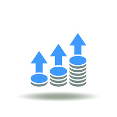 Vector illustration of coins pile with up arrows. Icon of capital growth. Symbol of savings and profit is growing.