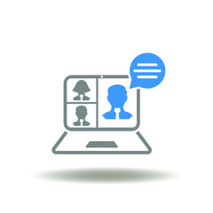 Vector illustration of laptop computer with people and speech bubble. Icon of web conference. Symbol of online meeting.