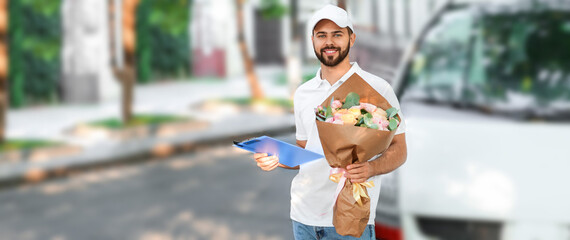 Delivery man with bouquet of beautiful flowers near car outdoors - obrazy, fototapety, plakaty