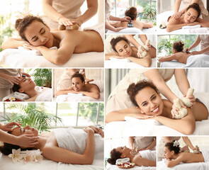 Obraz na płótnie Canvas Collage with beautiful young African-American woman having massage in spa salon