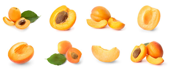 Set of sweet tasty apricots isolated on white