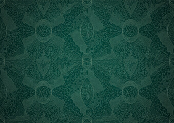 Hand-drawn unique abstract symmetrical seamless ornament. Bright green on a deep cold green with vignette of a darker background color. Paper texture. Digital artwork, A4. (pattern: p05b)