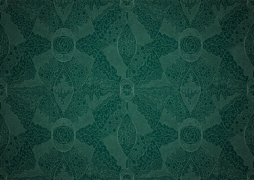 Hand-drawn unique abstract symmetrical seamless ornament. Bright green on a deep cold green with vignette of a darker background color. Paper texture. Digital artwork, A4. (pattern: p05b)