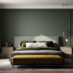 Modern bedroom interior in green tones, bedroom mock up with stylish bed and yellow pouf, 3d rendering
