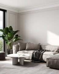 Stylish home interior, luxury modern light living room interior, beige empty wall mock up, 3d rendering