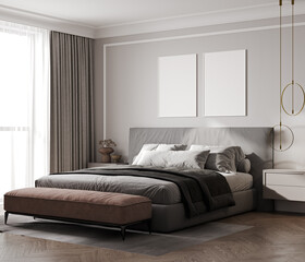 empty poster frames in stylish bedroom interior, home interior, 3d rendering