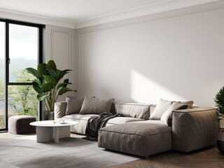 Bright and cozy modern living room interior sofa and plant with white wall. © Liliia