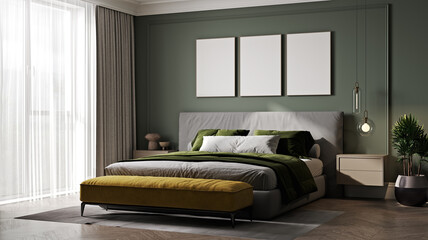 Three poster frames mockup in luxury bedroom interior, 3d rendering