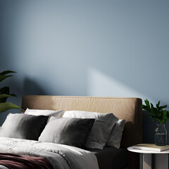 Close-up in modern blue bedroom interior, 3d rendering