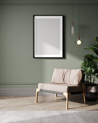mock up poster frame in modern green interior background, living room, Scandinavian style, 3D render, 3D illustration