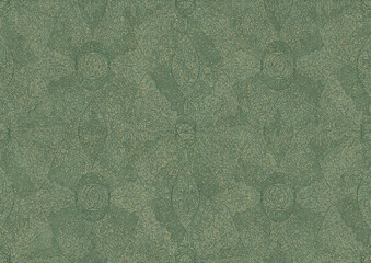 Hand-drawn unique abstract seamless ornament. Dark green on light warm green background, with splatters of golden glitter. Paper texture. Digital artwork, A4. (pattern: p05b)
